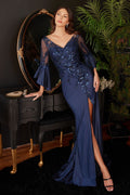 Long Bell Sleeve Lace & Satin Gown — Elegant Formal Dress