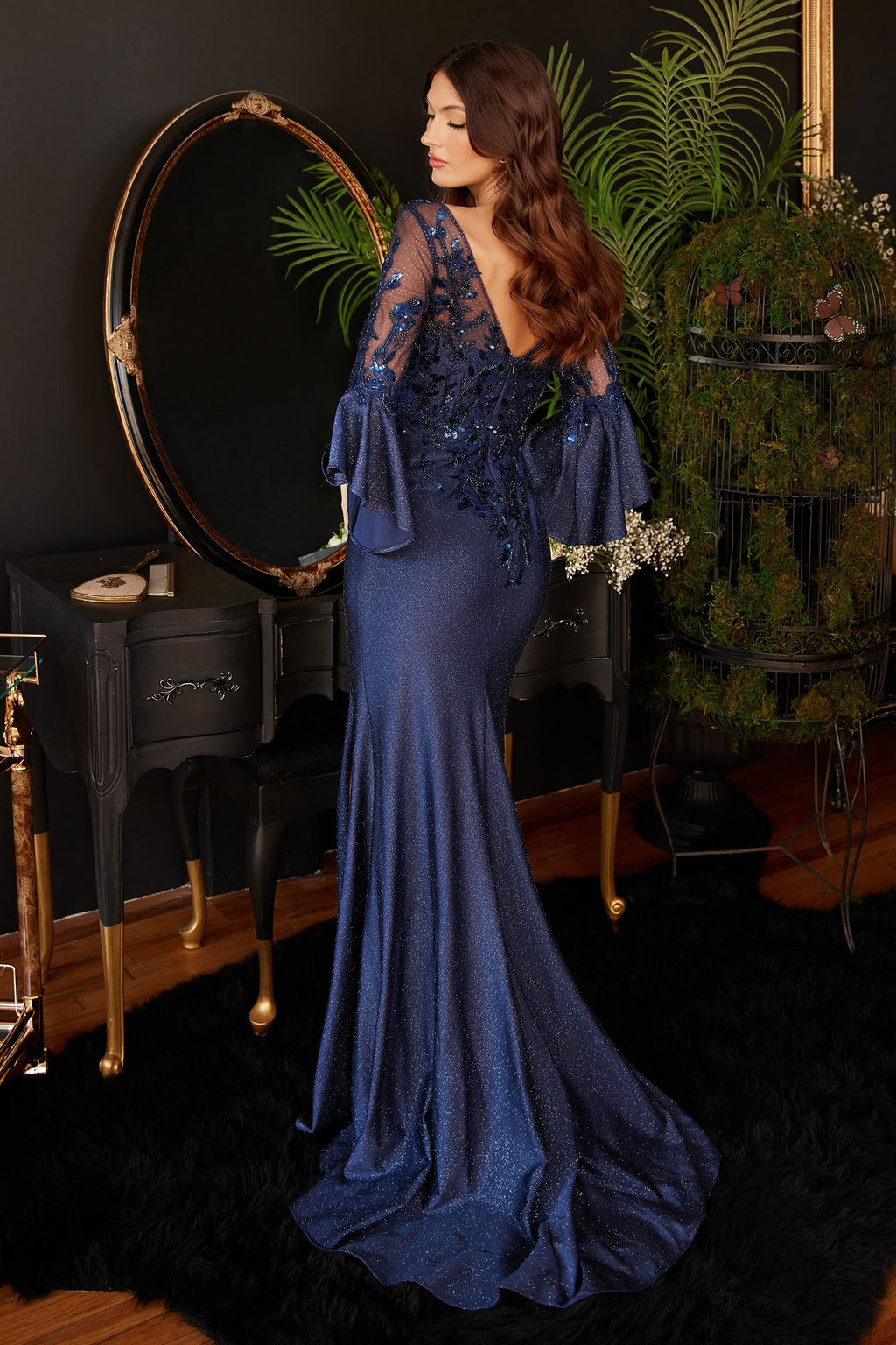 Long Bell Sleeve Lace & Satin Gown — Elegant Formal Dress