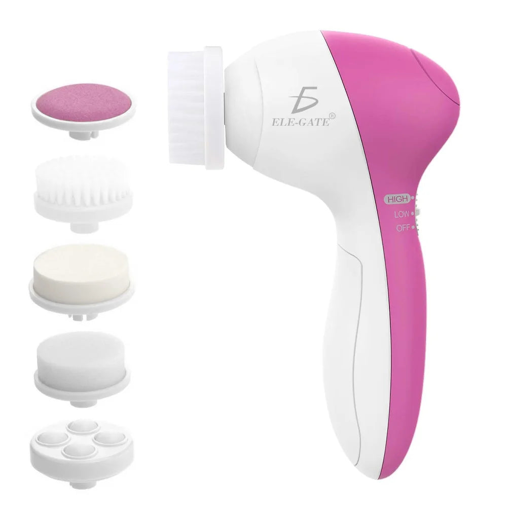 5-In-1 Electric Facial Cleansing Brush With Exfoliating Massage Function, Rechargeable Battery-Powered, 4 Interchangeable Heads,