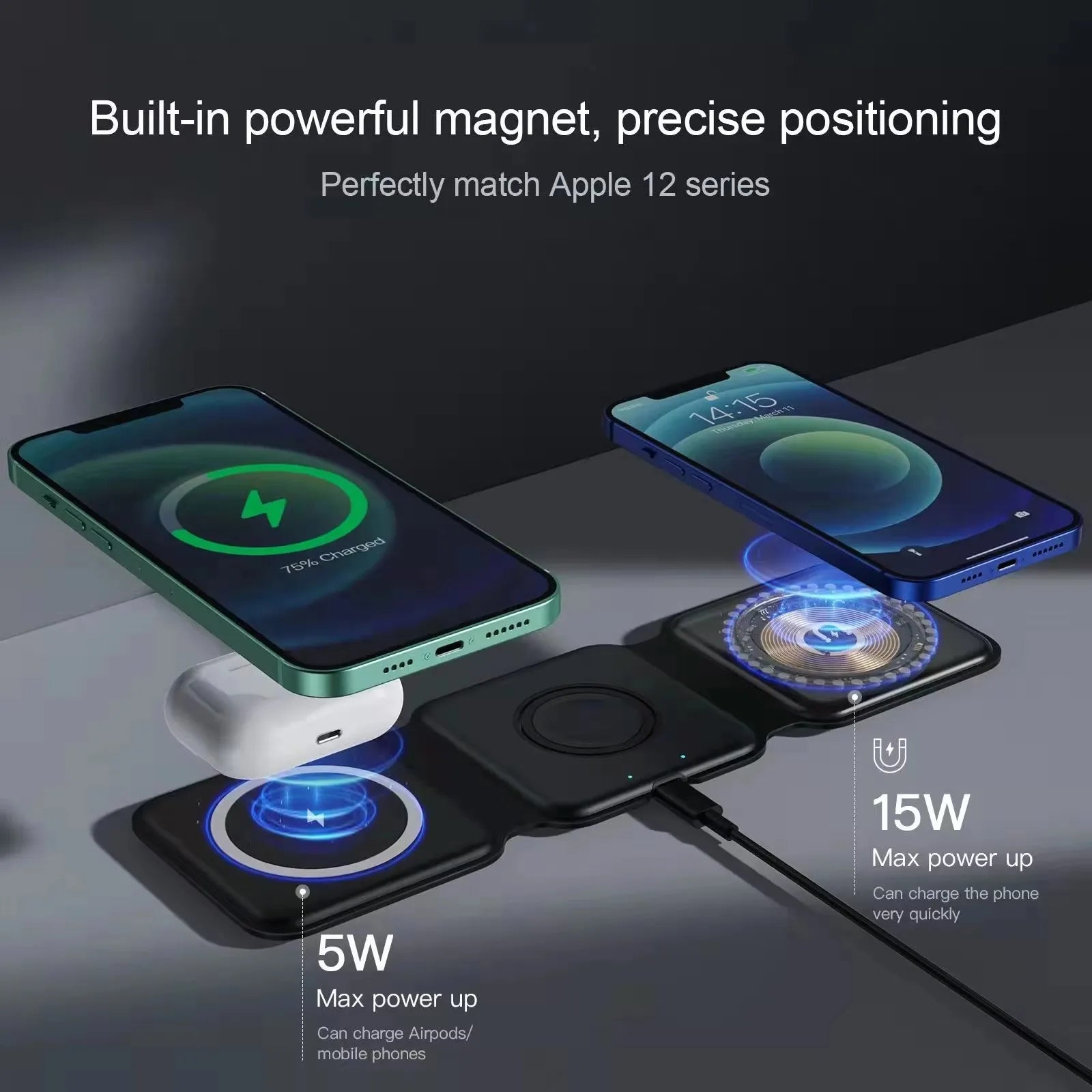 Universal Magnetic 3-in-1 Foldable Wireless Charger — iPhone, Earphone & Watch