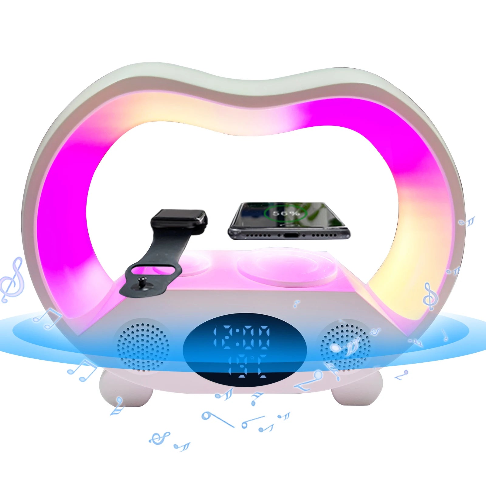 G Shaped Wireless Charger Speaker LED Lamp Bedside Light Night Digital RGB Alarm Clock Lamp Wireless Chargers with Speakers