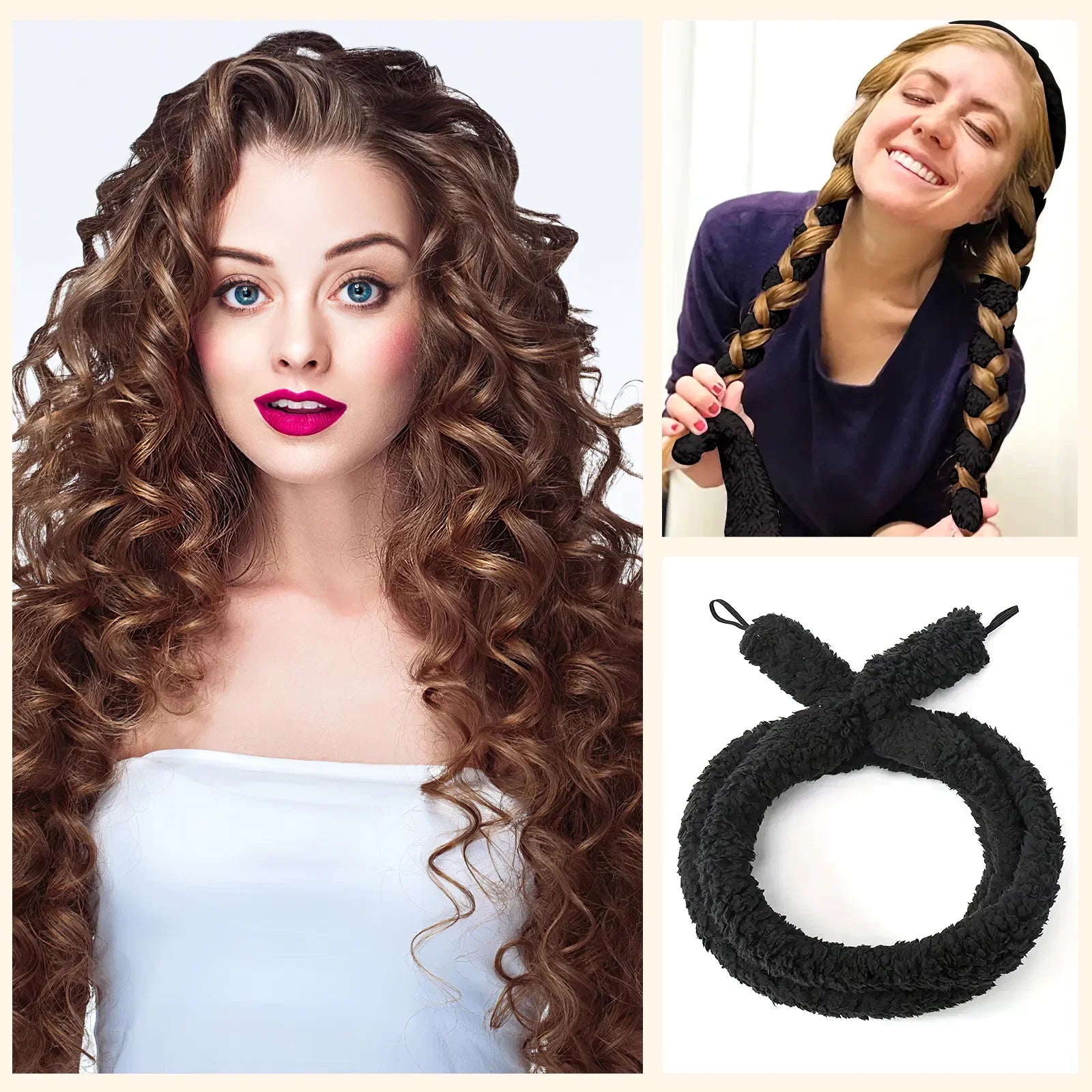 Black FCJ Satin Heatless Hair Curler DIY Cold/Hot Natural Soft Wave for Sleep Lazy Overnight All Hair Types