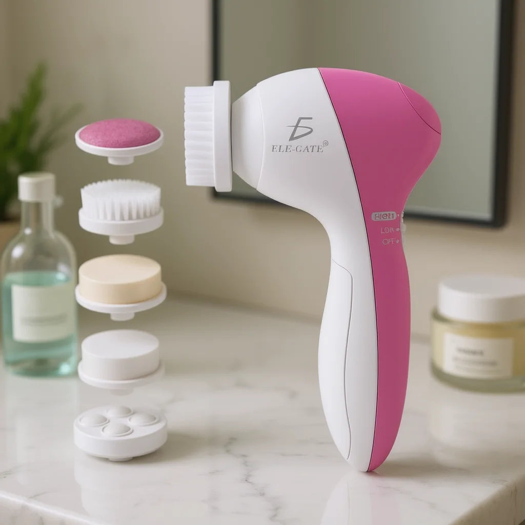 5-In-1 Electric Facial Cleansing Brush With Exfoliating Massage Function, Rechargeable Battery-Powered, 4 Interchangeable Heads,
