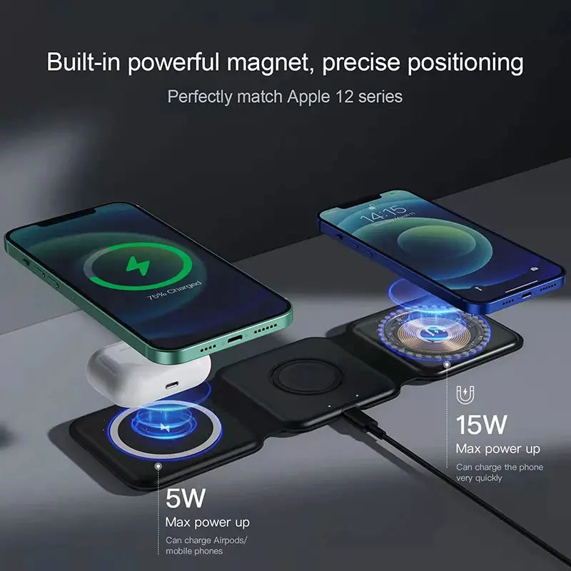 Foldable Magnetic Wireless Charger 15W — iPhone, Watch & Earphones Stand