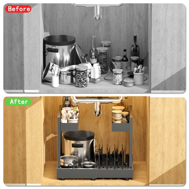 Under-Sink Expandable 2-Tier Metal Cabinet Organizer — Dual Slide-Out Drawers