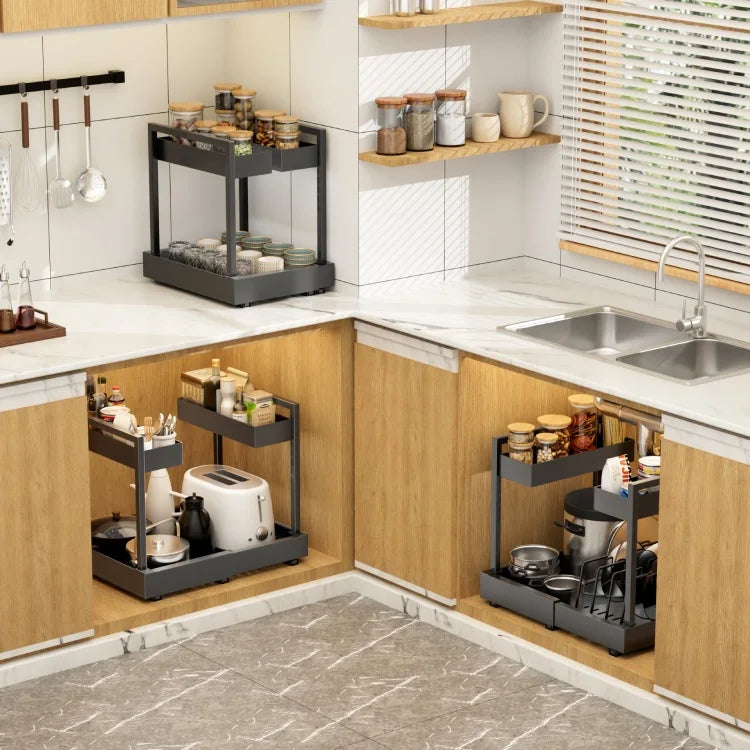 Under-Sink Expandable 2-Tier Metal Cabinet Organizer — Dual Slide-Out Drawers
