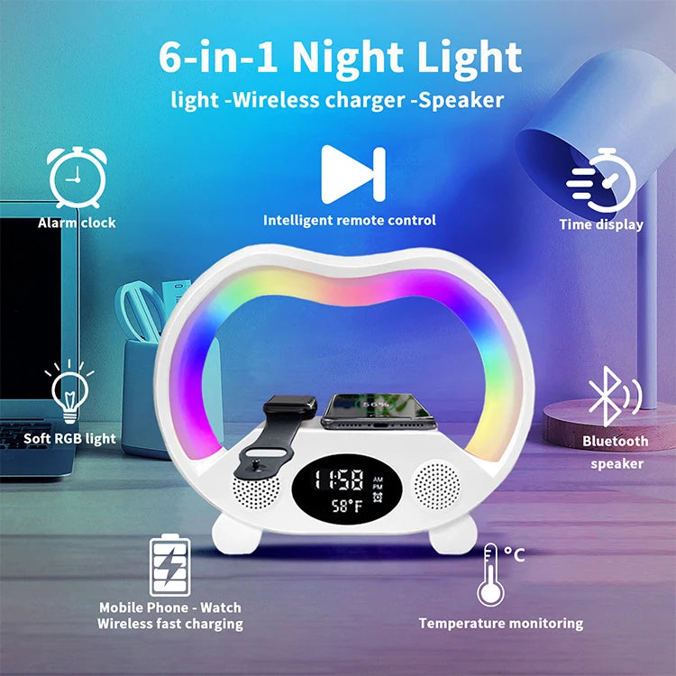 Smart Bluetooth Speaker with Wireless Charger — RGB LED Lamp & Clock