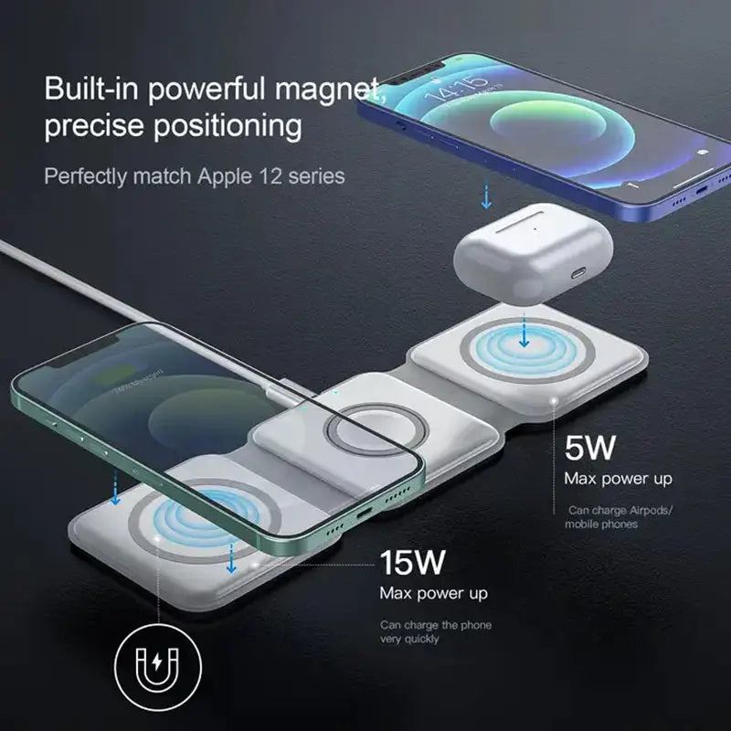 Foldable Magnetic Wireless Charger 15W — iPhone, Watch & Earphones Stand