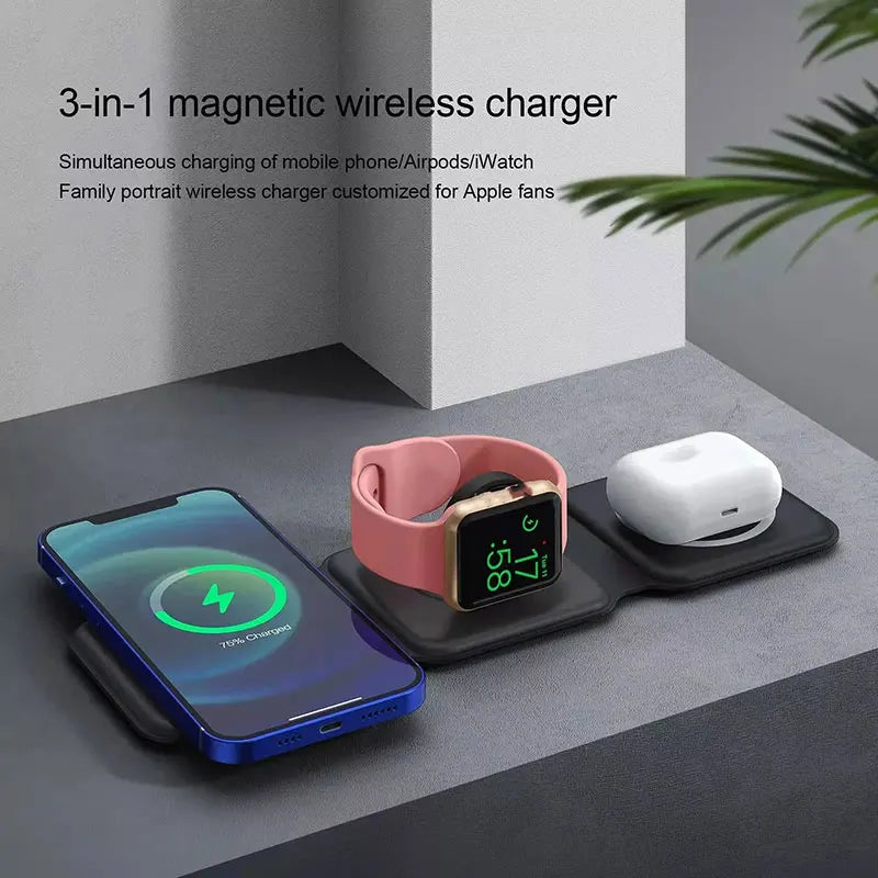Foldable Magnetic Wireless Charger 15W — iPhone, Watch & Earphones Stand