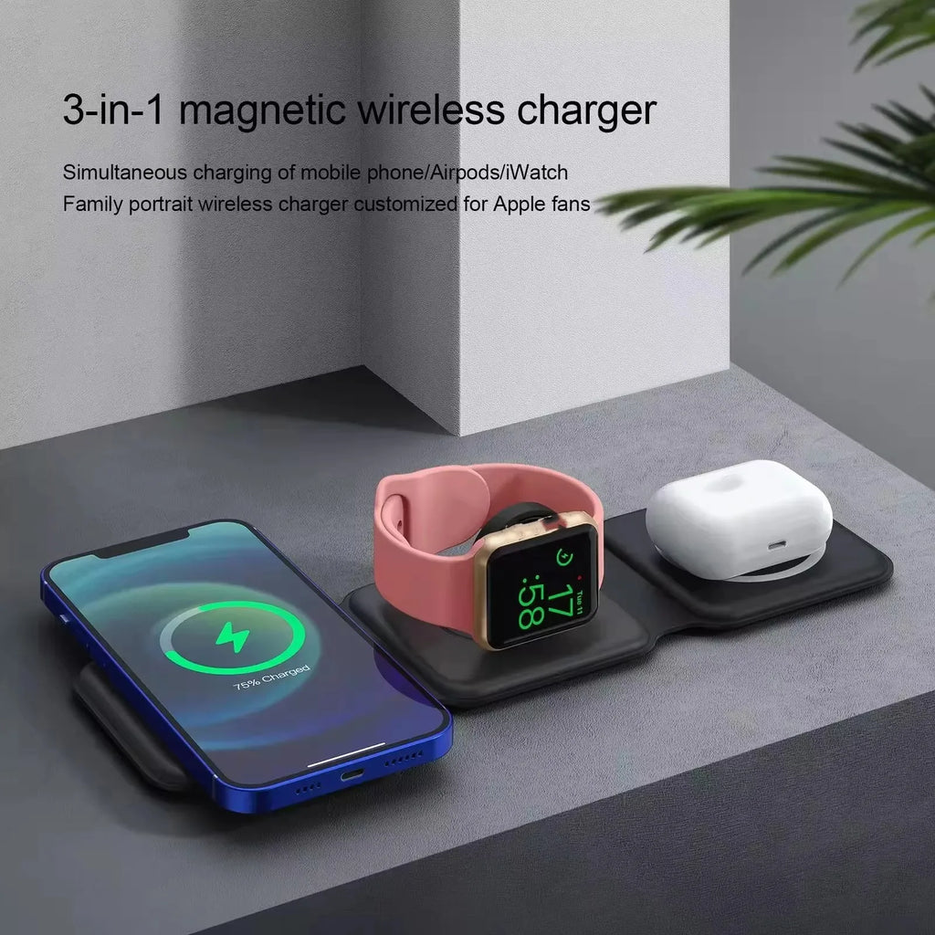 Universal Magnetic 3-in-1 Foldable Wireless Charger — iPhone, Earphone & Watch