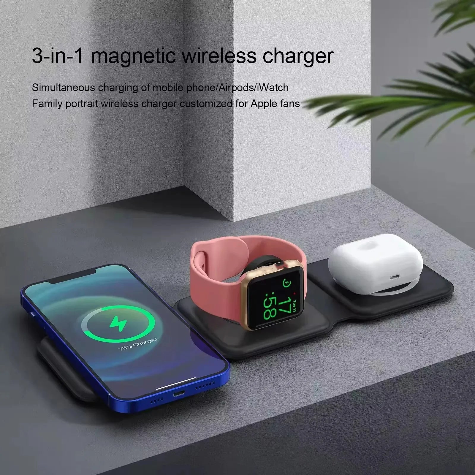 Universal Magnetic 3-in-1 Foldable Wireless Charger — iPhone, Earphone & Watch