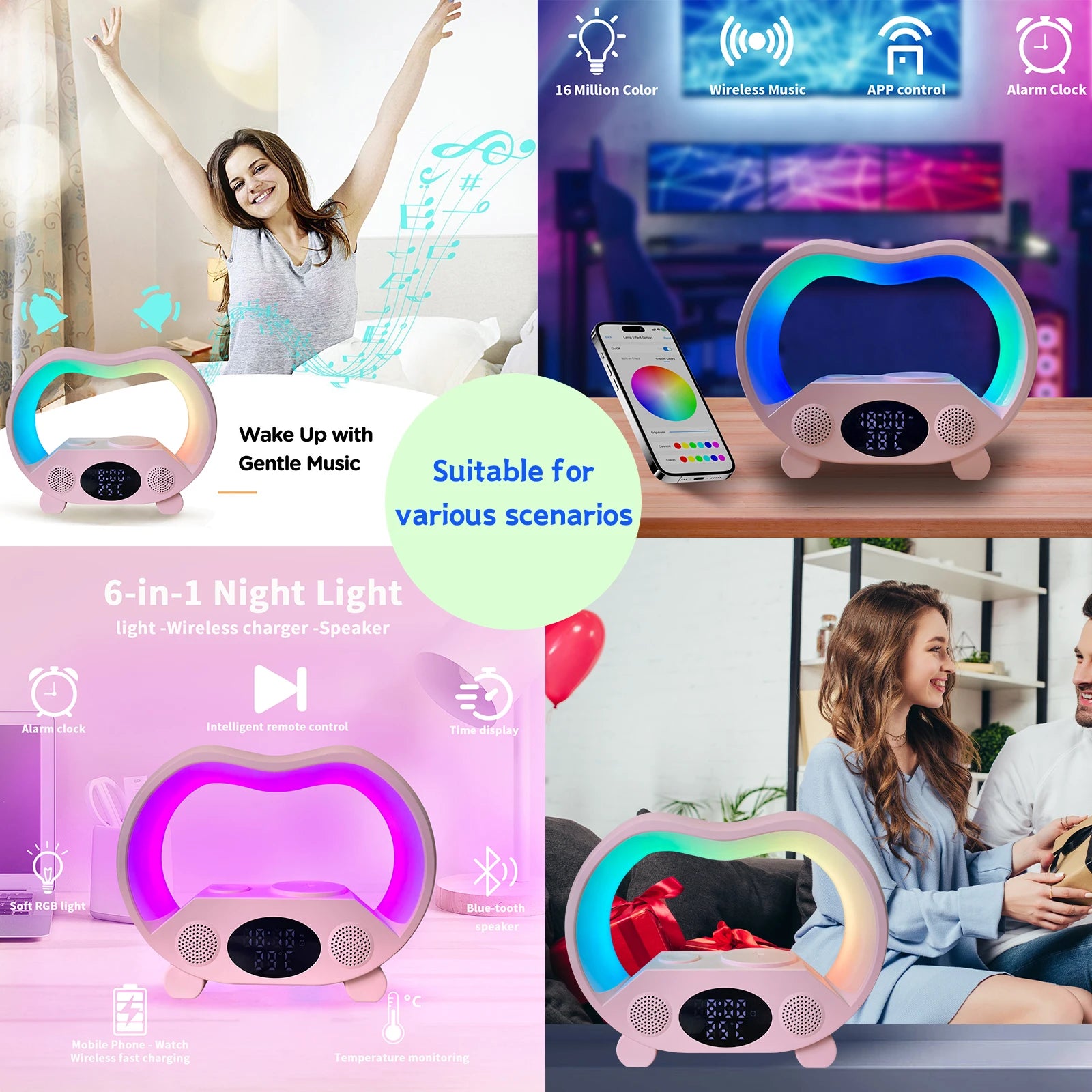 G Shaped Wireless Charger Speaker LED Lamp Bedside Light Night Digital RGB Alarm Clock Lamp Wireless Chargers with Speakers