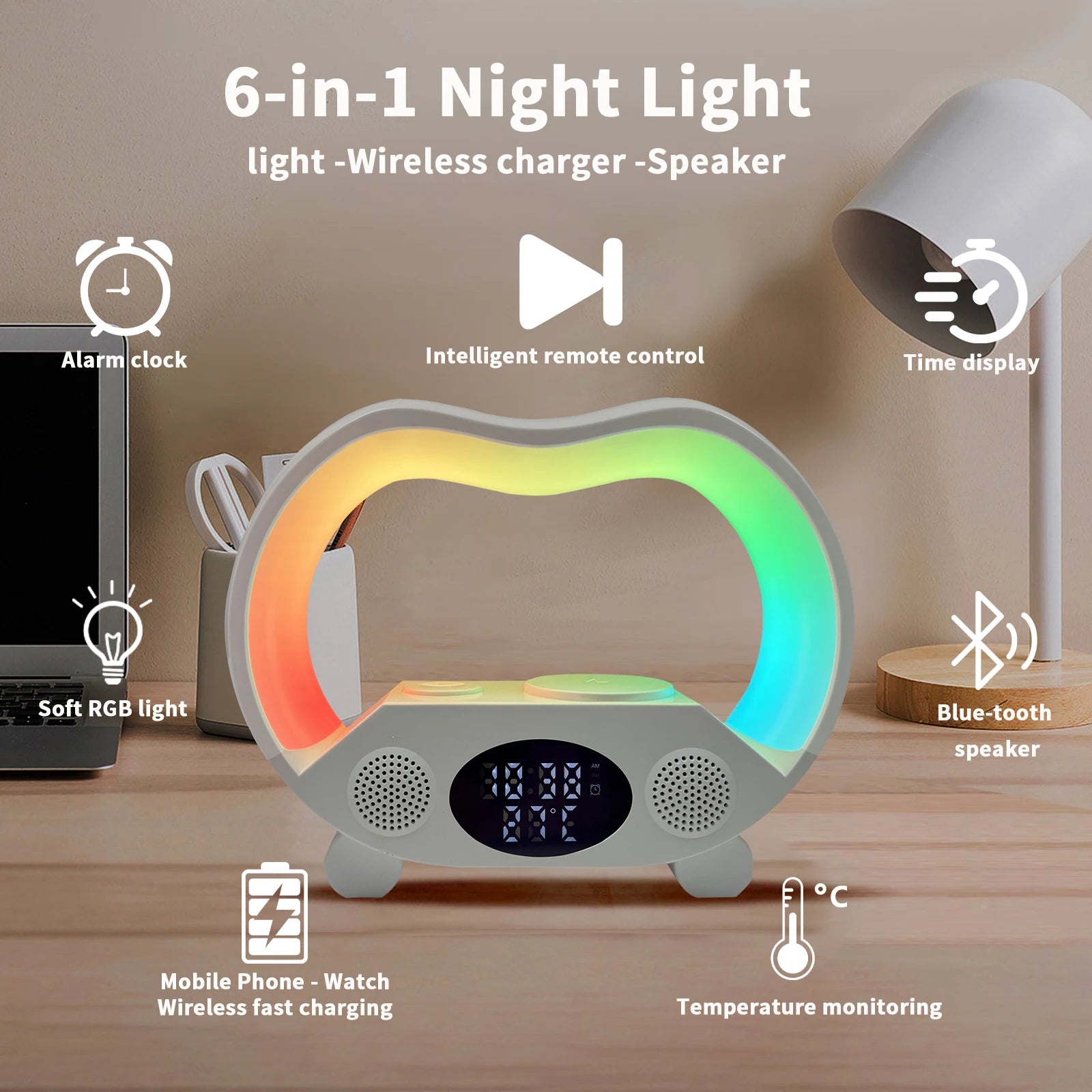 G Shaped Wireless Charger Speaker LED Lamp Bedside Light Night Digital RGB Alarm Clock Lamp Wireless Chargers with Speakers
