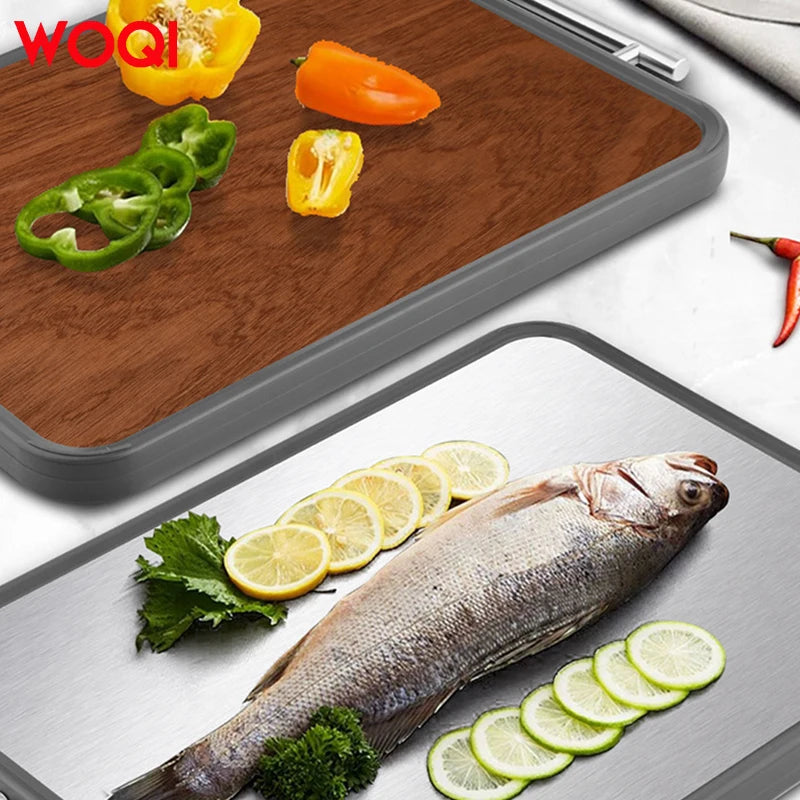 WOQI Eco-Friendly Double-Sided Cutting Board — Wood & Stainless Steel