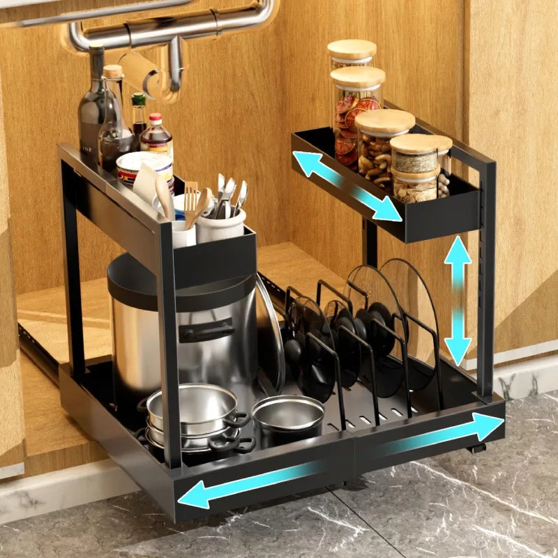 Under-Sink Expandable 2-Tier Metal Cabinet Organizer — Dual Slide-Out Drawers
