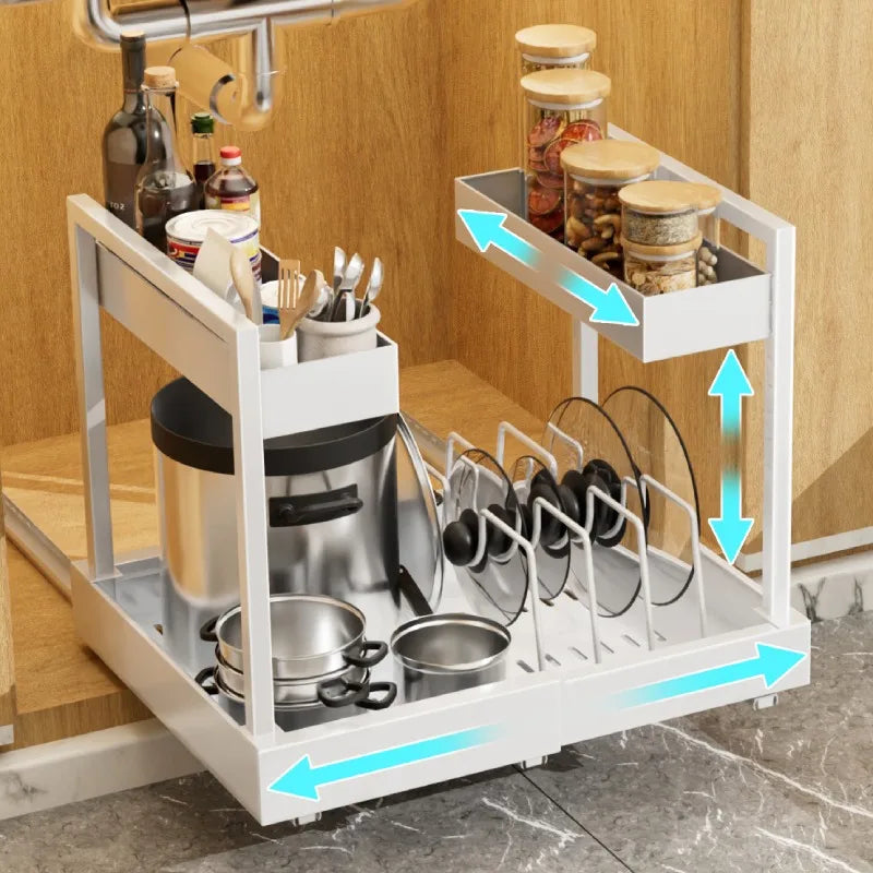 Under-Sink Expandable 2-Tier Metal Cabinet Organizer — Dual Slide-Out Drawers