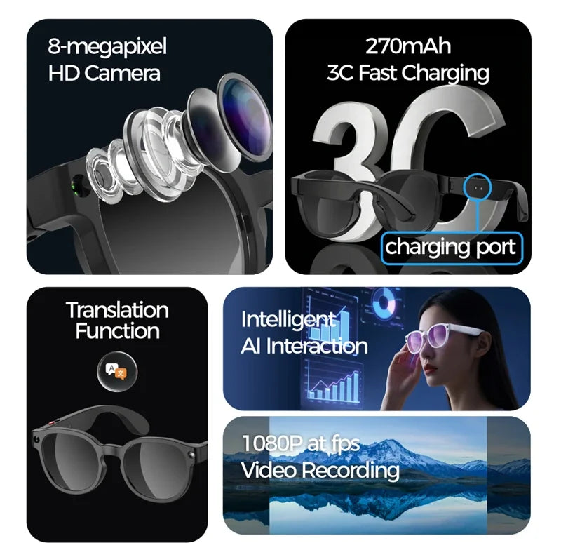 AI Smart Glasses 2026 — 8MP HD Camera, Bluetooth Call & Music