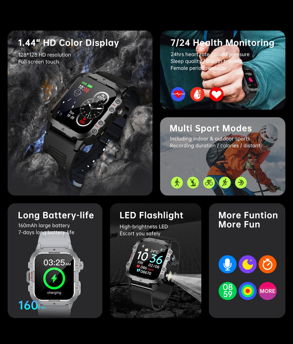 Military Smart Watch for Men — IP67 Waterproof Outdoor Sports Fitness Tracker