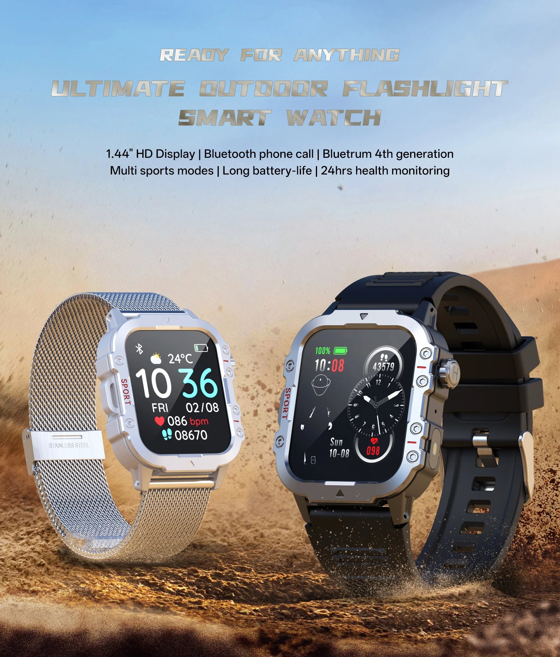 Military Smart Watch for Men — IP67 Waterproof Outdoor Sports Fitness Tracker