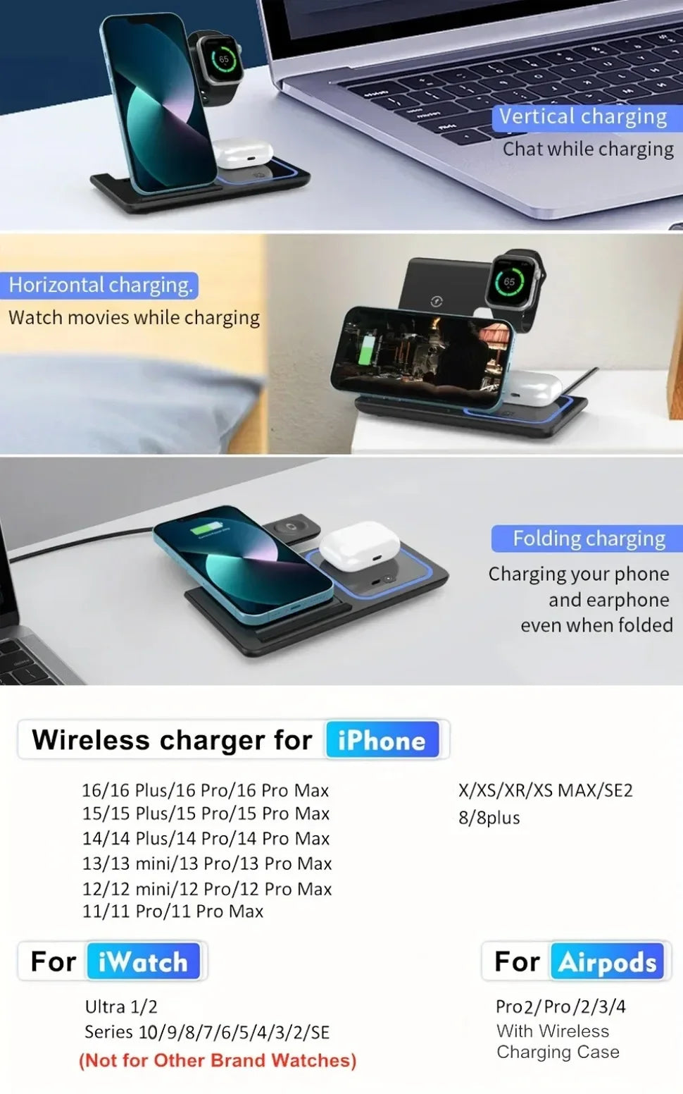 3-in-1 Foldable Wireless Charging Station — iPhone, Apple Watch Ultra & AirPods Pro
