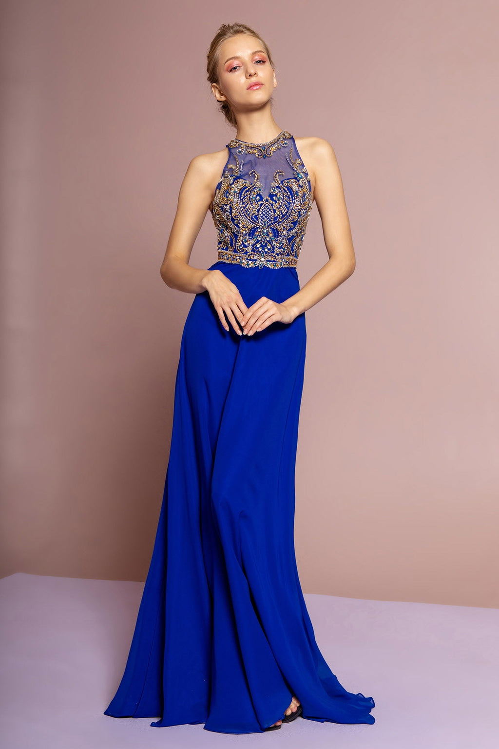 Jewel & Bead Embellished Long Dress — Elegant Back Cut-Out Gown