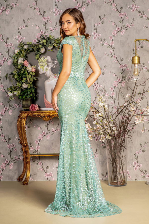 3D Flower Glitter Mermaid Long Dress — Sheer Neckline Mesh Gown