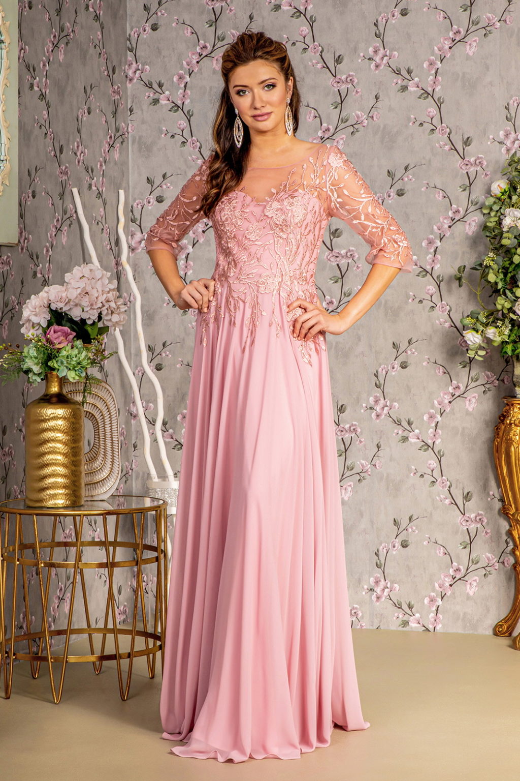 Bead Embroidery Chiffon A-Line Long Dress — Sheer Neckline V-Back