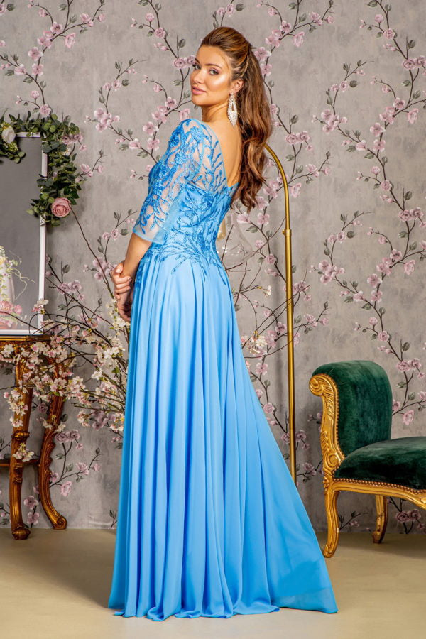 Bead Embroidery Chiffon A-Line Long Dress — Sheer Neckline V-Back