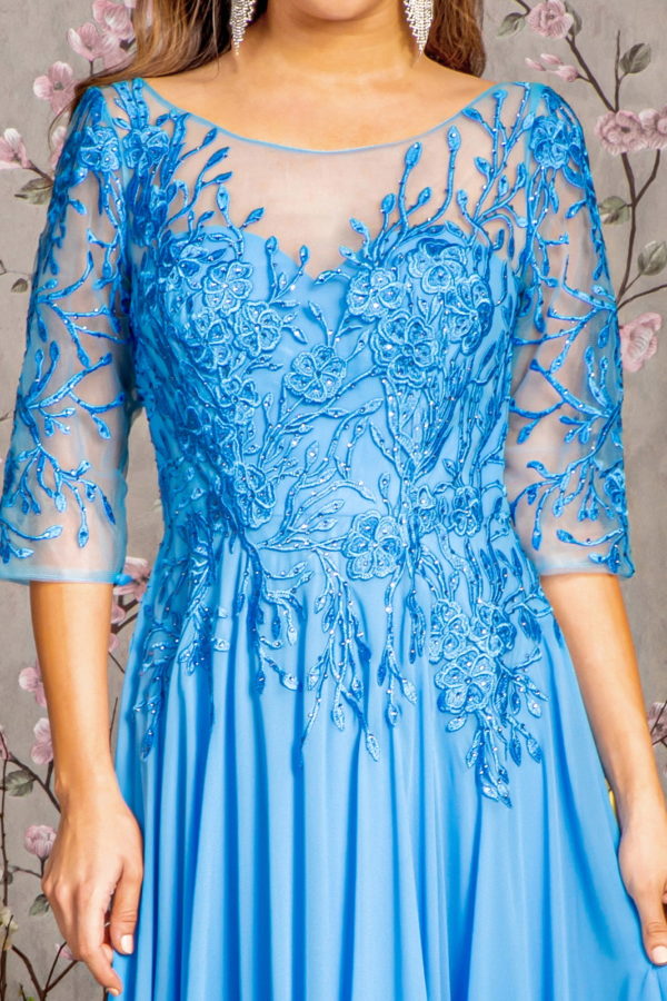 Bead Embroidery Chiffon A-Line Long Dress — Sheer Neckline V-Back